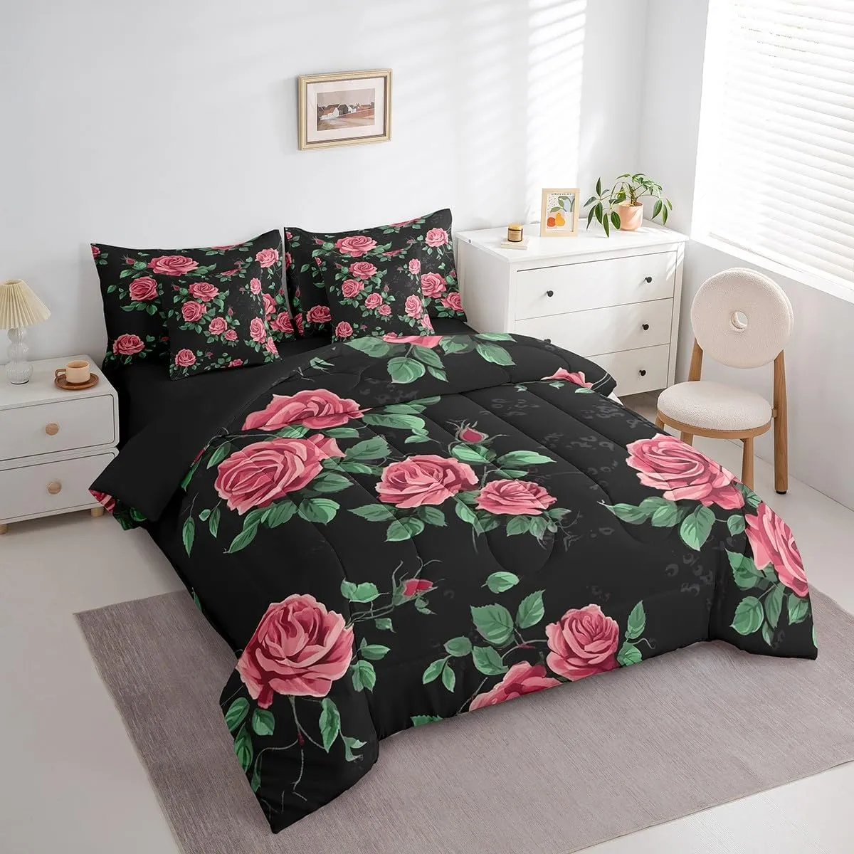 Erosebridal 7-Piece Pink Rose Floral Bedding Queen Size for Girls Women Botanical Flower Bed in a Bag, Chic Blossoms Comforter Set Black Pink Green Bedding Comforter Sets