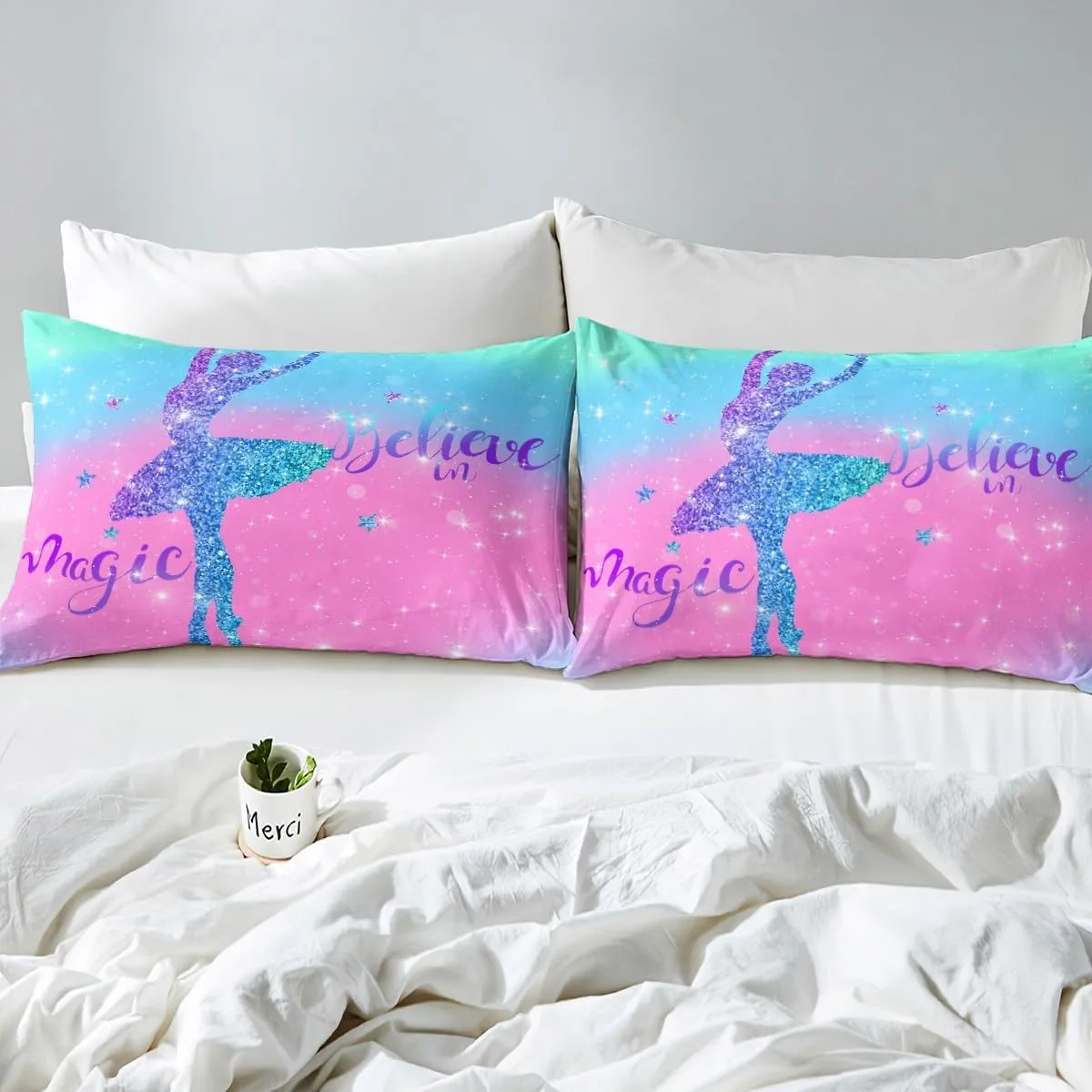 Erosebridal Chic Ballet Girl Bed Sheets Teal Blue Pink Fitted Sheet Full Size, Purple Glitters Sheets Trippy Galaxy Bedding, Sparkling Stars Bed Cover Cute Room Decor for Girls 3-Piece (Deep Pocket)