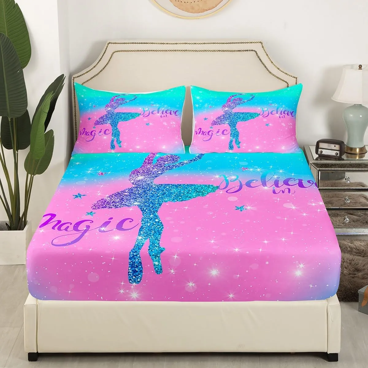 Erosebridal Chic Ballet Girl Bed Sheets Teal Blue Pink Fitted Sheet Full Size, Purple Glitters Sheets Trippy Galaxy Bedding, Sparkling Stars Bed Cover Cute Room Decor for Girls 3-Piece (Deep Pocket)
