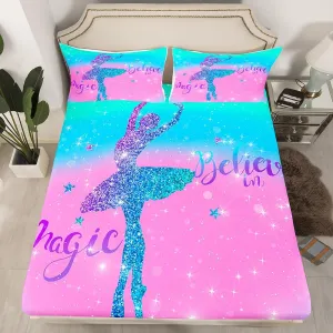 Erosebridal Chic Ballet Girl Bed Sheets Teal Blue Pink Fitted Sheet Full Size, Purple Glitters Sheets Trippy Galaxy Bedding, Sparkling Stars Bed Cover Cute Room Decor for Girls 3-Piece (Deep Pocket)