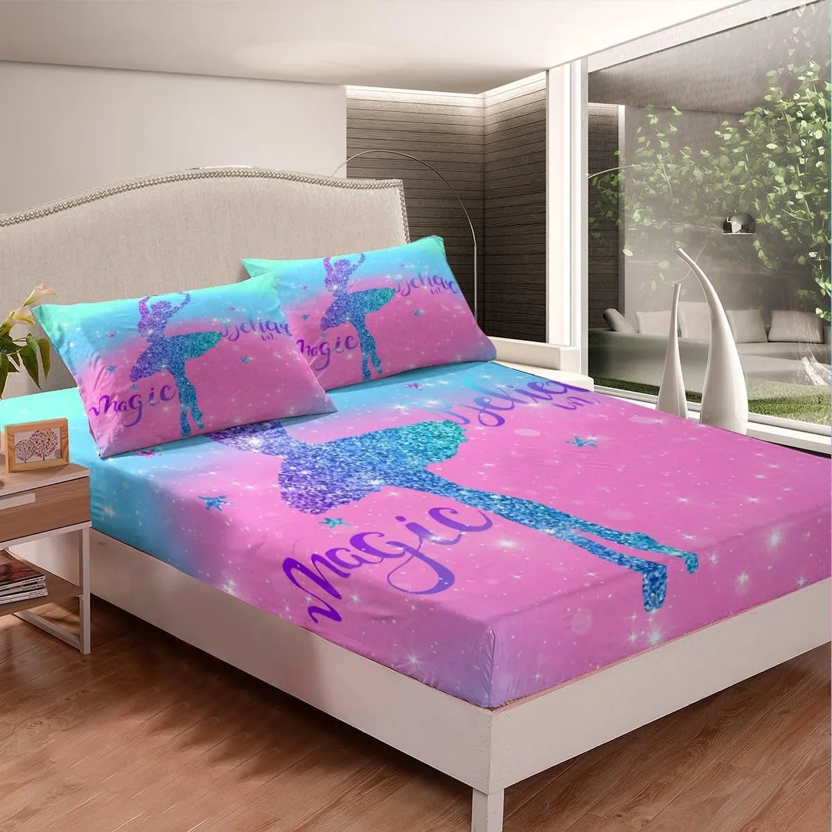 Erosebridal Chic Ballet Girl Bed Sheets Teal Blue Pink Fitted Sheet Full Size, Purple Glitters Sheets Trippy Galaxy Bedding, Sparkling Stars Bed Cover Cute Room Decor for Girls 3-Piece (Deep Pocket)