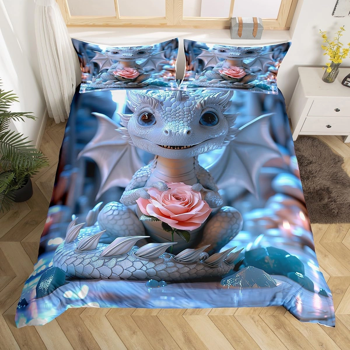 Erosebridal Blue Cute Dragon Bedding Twin Size for Toddler Kids Wild Animal Comforter Cover, Jungle Wildlife Bed Set Pink Rose Floral Duvet Cover, Ancient Creature Quilt Cover (Zipper Closure)