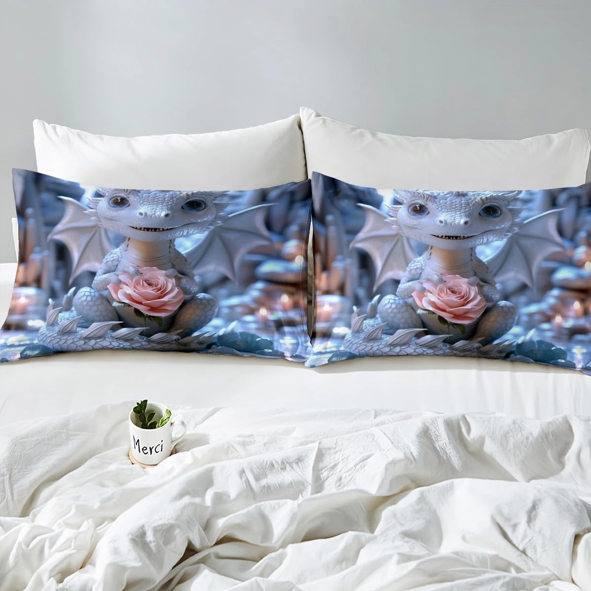 Erosebridal Blue Cute Dragon Bedding Twin Size for Toddler Kids Wild Animal Comforter Cover, Jungle Wildlife Bed Set Pink Rose Floral Duvet Cover, Ancient Creature Quilt Cover (Zipper Closure)