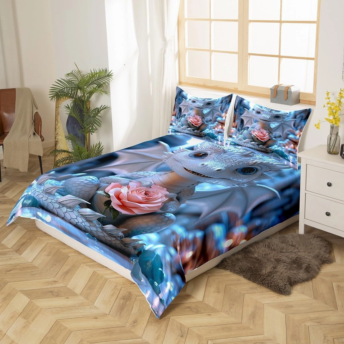Erosebridal Blue Cute Dragon Bedding Twin Size for Toddler Kids Wild Animal Comforter Cover, Jungle Wildlife Bed Set Pink Rose Floral Duvet Cover, Ancient Creature Quilt Cover (Zipper Closure)