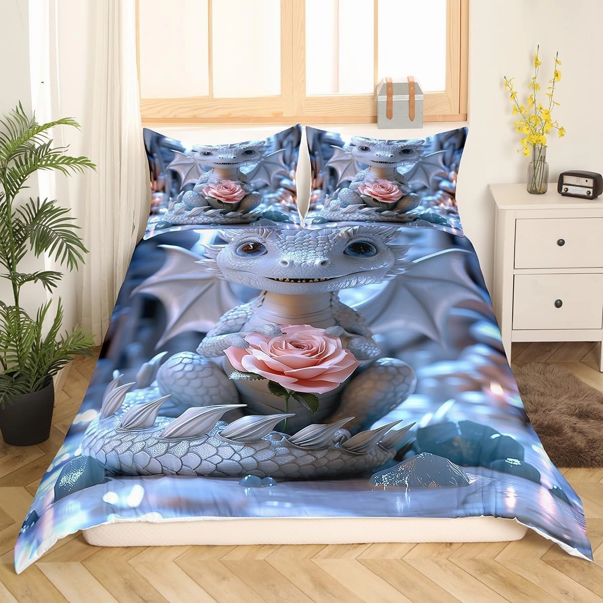 Erosebridal Blue Cute Dragon Bedding Twin Size for Toddler Kids Wild Animal Comforter Cover, Jungle Wildlife Bed Set Pink Rose Floral Duvet Cover, Ancient Creature Quilt Cover (Zipper Closure)