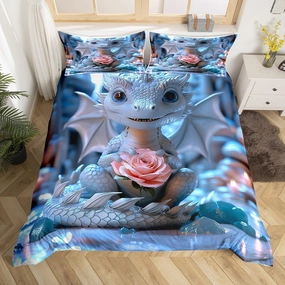 Erosebridal Blue Cute Dragon Bedding Twin Size for Toddler Kids Wild Animal Comforter Cover, Jungle Wildlife Bed Set Pink Rose Floral Duvet Cover, Ancient Creature Quilt Cover (Zipper Closure)