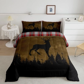 Erosebridal Hunting Moose Comforter Full Elk Deer Bedding Sets Girls Boys, Vintage Grunge Duvet Insert Red White Checkered Quilt Comforter, Jungle Animal Bedding Comforters & Sets for Kids Bedroom