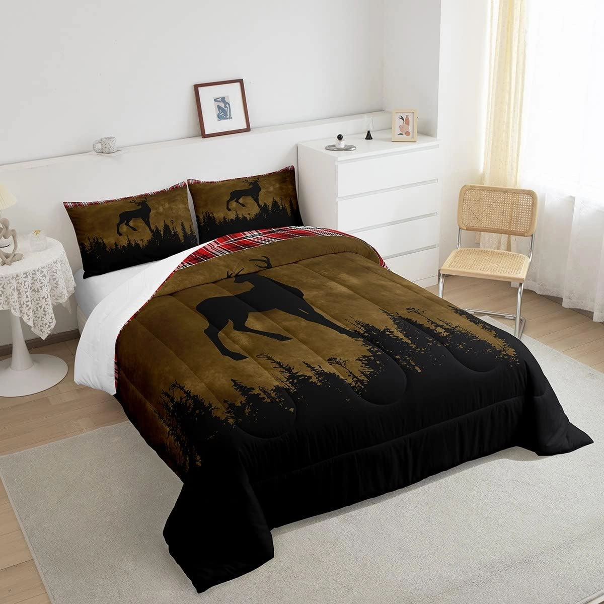 Erosebridal Woodland Animal Bedding Sets Queen Deer Silhouette Comforter Set, Hunting Down Comforter Brown and Black Bed Set, Red Grid Lattice Quilted Duvet Wild Moose Elk Room Decoratives 3 Pieces