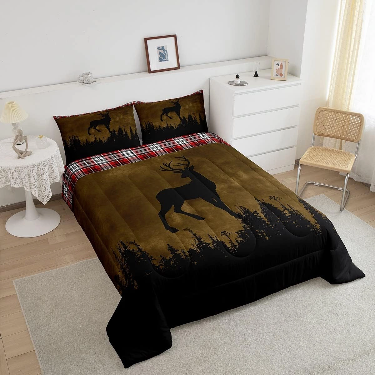 Erosebridal Woodland Animal Bedding Sets Queen Deer Silhouette Comforter Set, Hunting Down Comforter Brown and Black Bed Set, Red Grid Lattice Quilted Duvet Wild Moose Elk Room Decoratives 3 Pieces