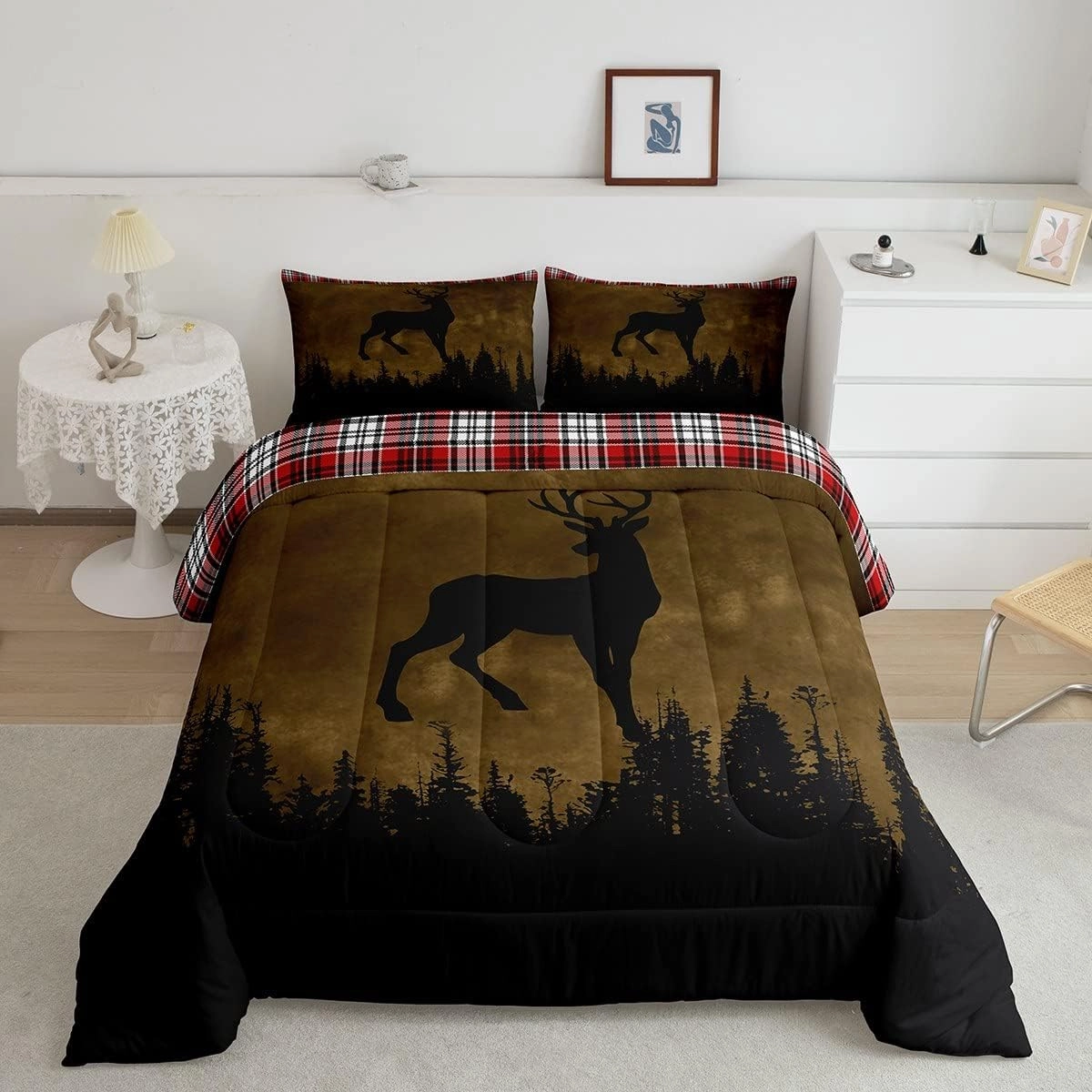 Erosebridal Woodland Animal Bedding Sets Queen Deer Silhouette Comforter Set, Hunting Down Comforter Brown and Black Bed Set, Red Grid Lattice Quilted Duvet Wild Moose Elk Room Decoratives 3 Pieces