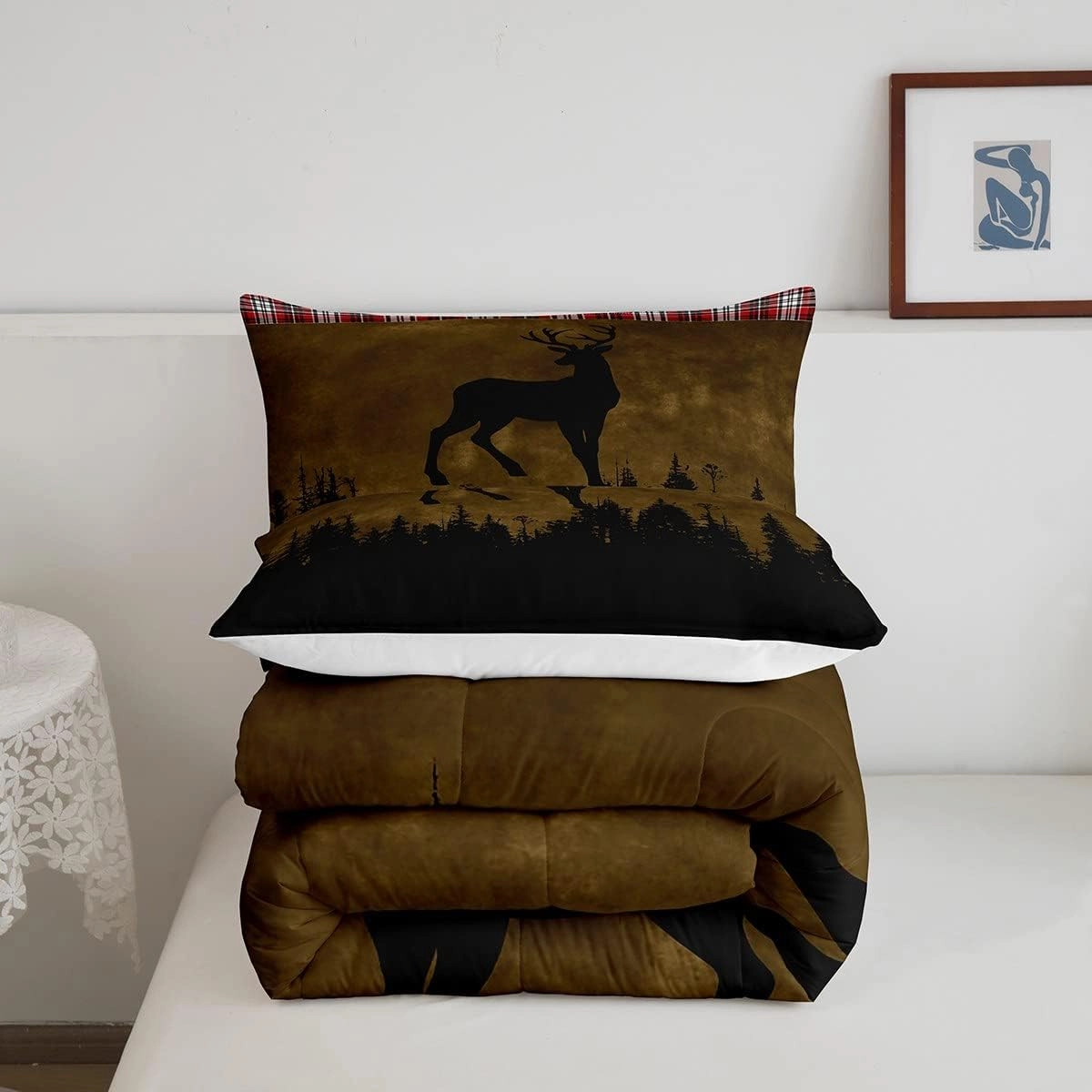 Erosebridal Woodland Animal Bedding Sets Queen Deer Silhouette Comforter Set, Hunting Down Comforter Brown and Black Bed Set, Red Grid Lattice Quilted Duvet Wild Moose Elk Room Decoratives 3 Pieces