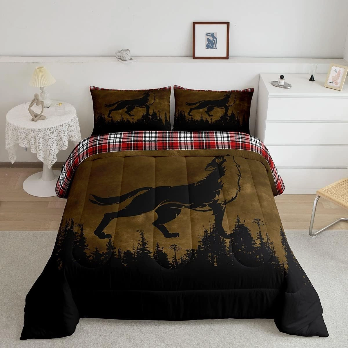 Erosebridal Woodland Animal Bedding Sets Queen Wolf Silhouette Comforter Set, Hunting Bedding Comforter Sets Brown and Black Duvet, Red Grid Lattice Quilted Comforter Wild Animal Room Decor 3 Pieces