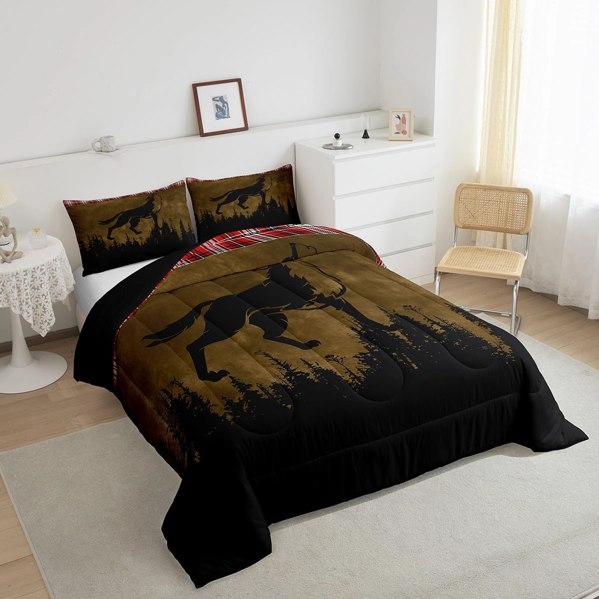 Erosebridal Woodland Animal Bedding Sets Queen Wolf Silhouette Comforter Set, Hunting Bedding Comforter Sets Brown and Black Duvet, Red Grid Lattice Quilted Comforter Wild Animal Room Decor 3 Pieces