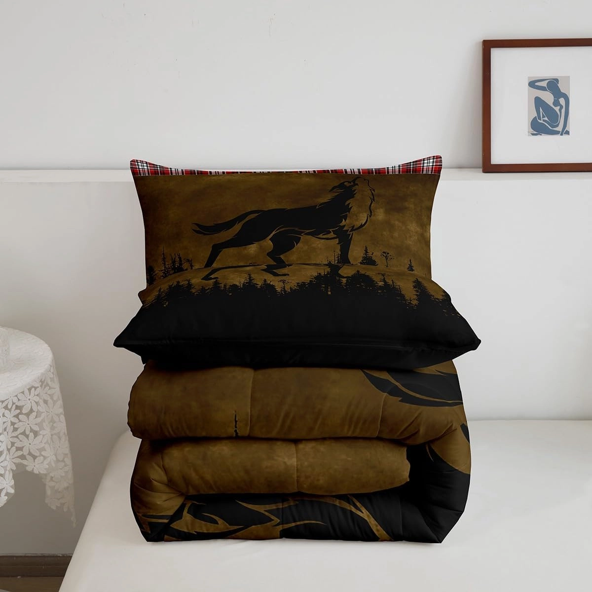 Erosebridal Woodland Animal Bedding Sets Queen Wolf Silhouette Comforter Set, Hunting Bedding Comforter Sets Brown and Black Duvet, Red Grid Lattice Quilted Comforter Wild Animal Room Decor 3 Pieces
