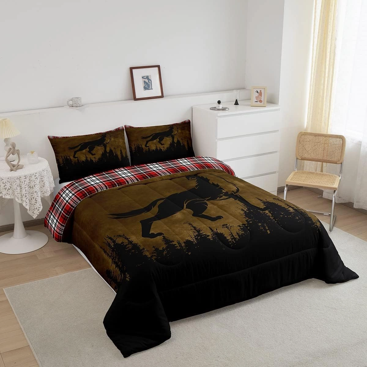 Erosebridal Woodland Animal Bedding Sets Queen Wolf Silhouette Comforter Set, Hunting Bedding Comforter Sets Brown and Black Duvet, Red Grid Lattice Quilted Comforter Wild Animal Room Decor 3 Pieces
