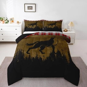 Erosebridal Woodland Animal Bedding Sets Queen Wolf Silhouette Comforter Set, Hunting Bedding Comforter Sets Brown and Black Duvet, Red Grid Lattice Quilted Comforter Wild Animal Room Decor 3 Pieces