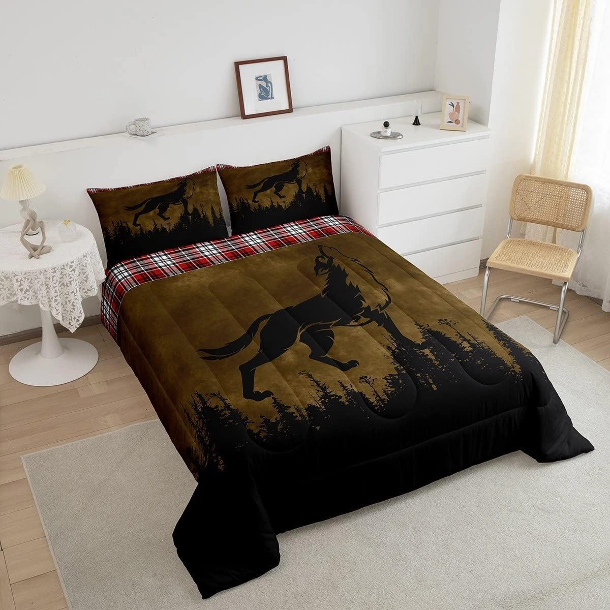 Erosebridal Woodland Animal Bedding Sets Queen Wolf Silhouette Comforter Set, Hunting Bedding Comforter Sets Brown and Black Duvet, Red Grid Lattice Quilted Comforter Wild Animal Room Decor 3 Pieces