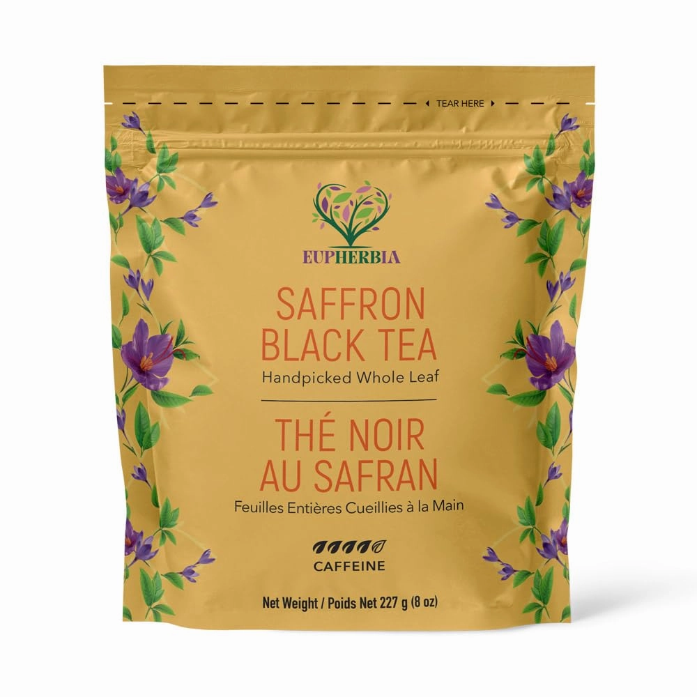 Eupherbia Saffron Black Tea, Handpicked, Highland Grown Whole Leaf Tea, Enriched with 3 Grams of Premium Saffron Threads, Brisk, Earthy, Aromatic, 227g (8 oz)
