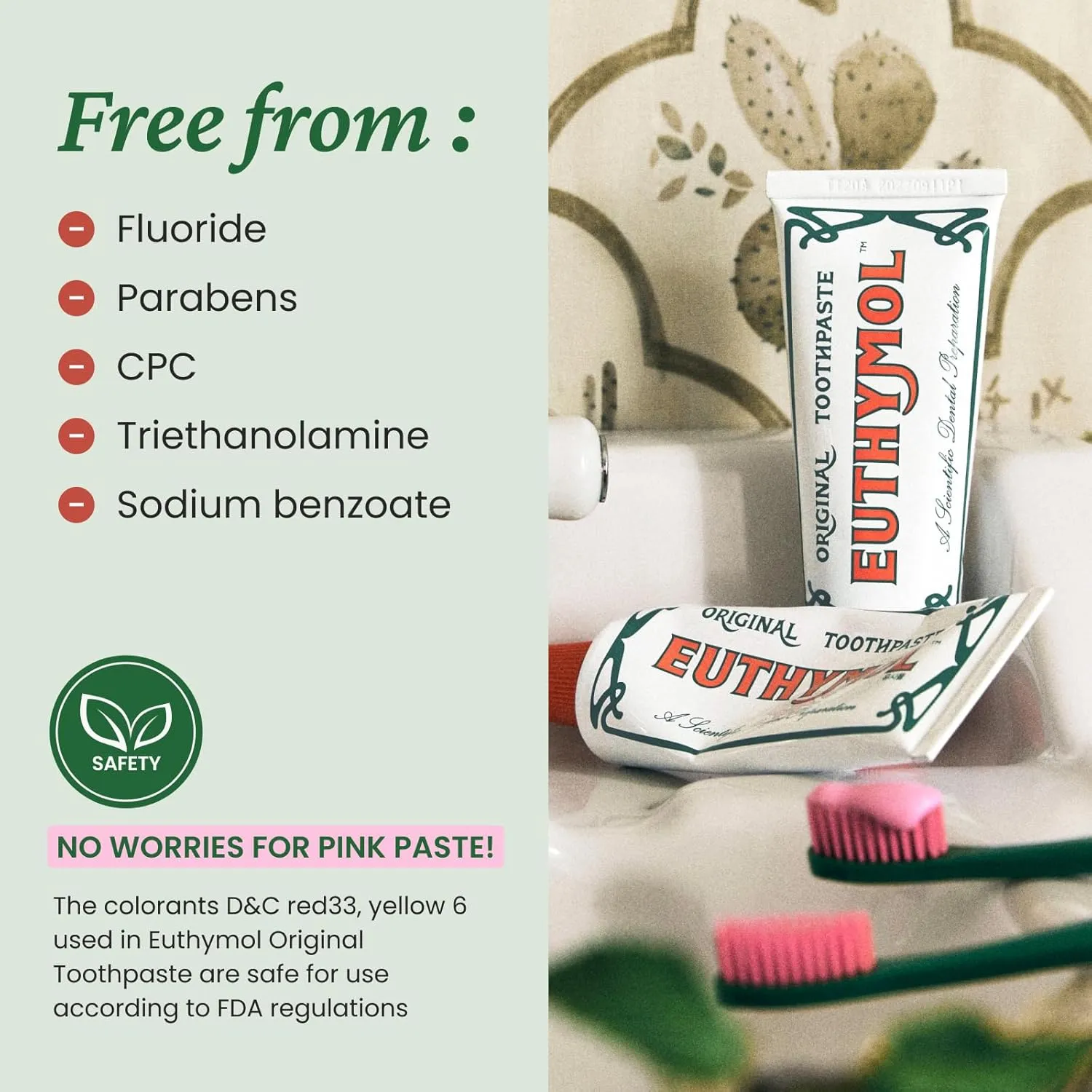 EUTHYMOL Original Toothpaste (3.7fl oz*3, Pack of 3) - Fluoride-Free Toothpaste for Sensitive Teeth & Gum. Bad Breath, Cavity Prevention, 12-Hour Long Lasting Freshness with Wintergreen