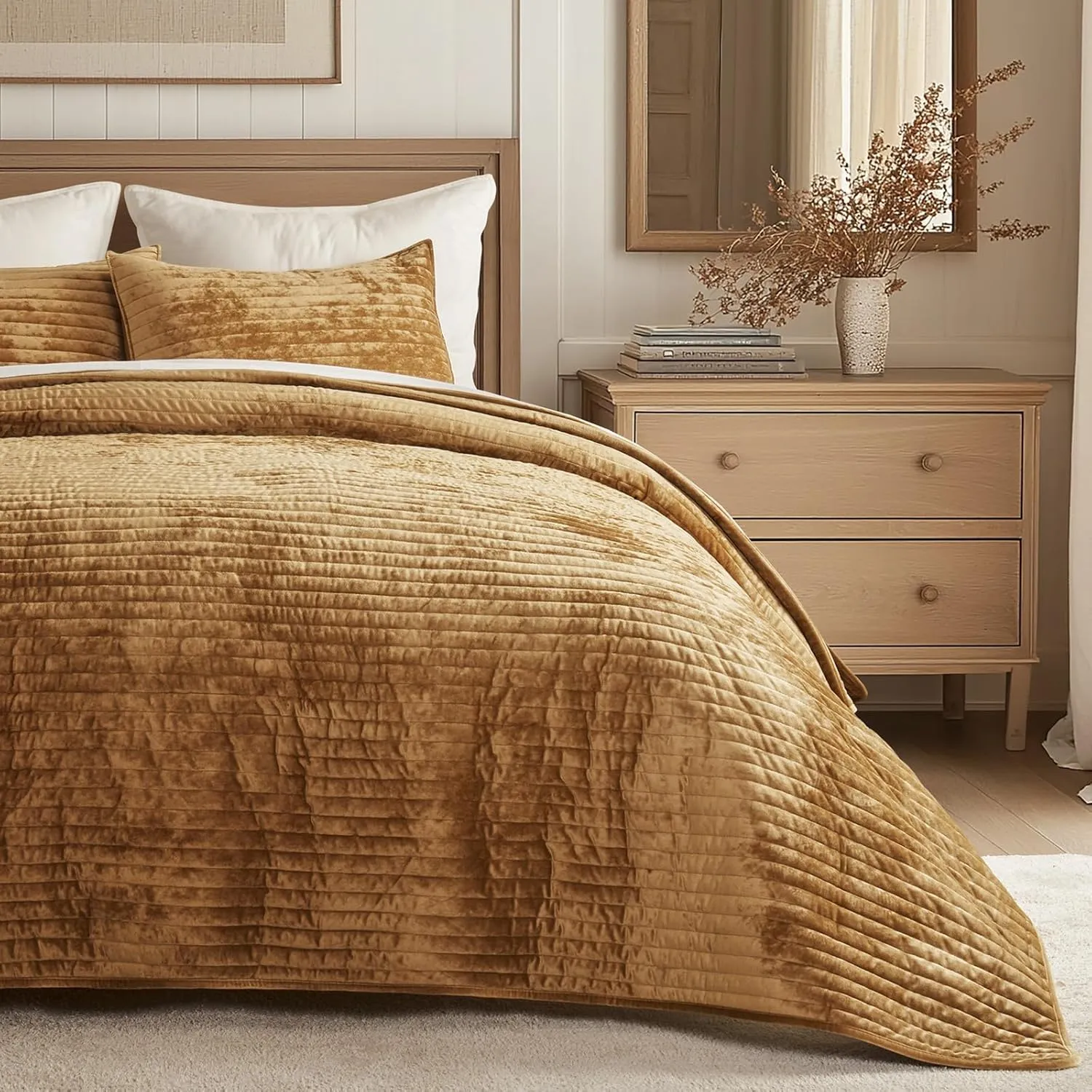 EVERGRACE Velvet Quilt Set King Size, Luxurious Soft Striped Channel Bedding Set, Lightweight Velvet Comforter for All Season, Oversized Bedspread Coverlet with 2 Matching Shams, Gold Yellow