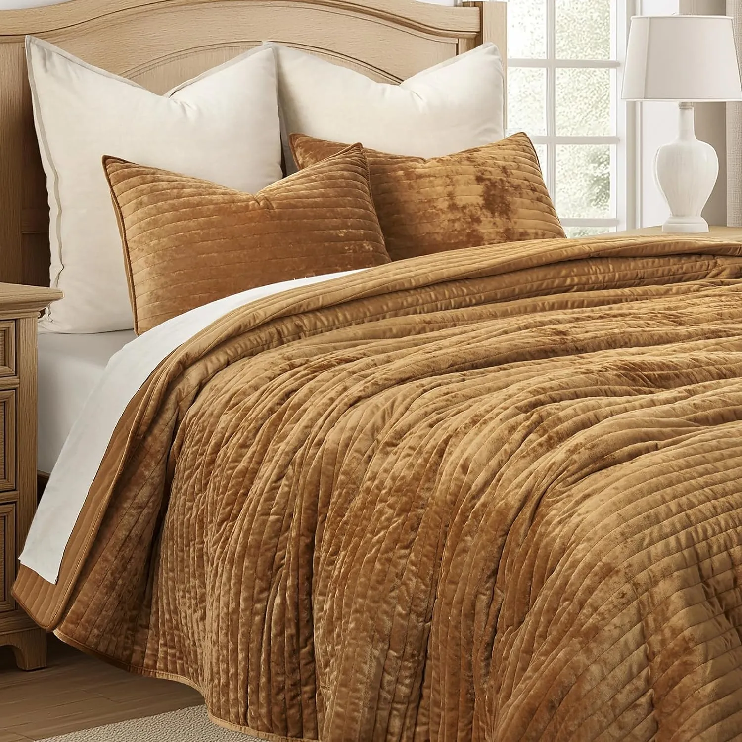 EVERGRACE Velvet Quilt Set King Size, Luxurious Soft Striped Channel Bedding Set, Lightweight Velvet Comforter for All Season, Oversized Bedspread Coverlet with 2 Matching Shams, Gold Yellow