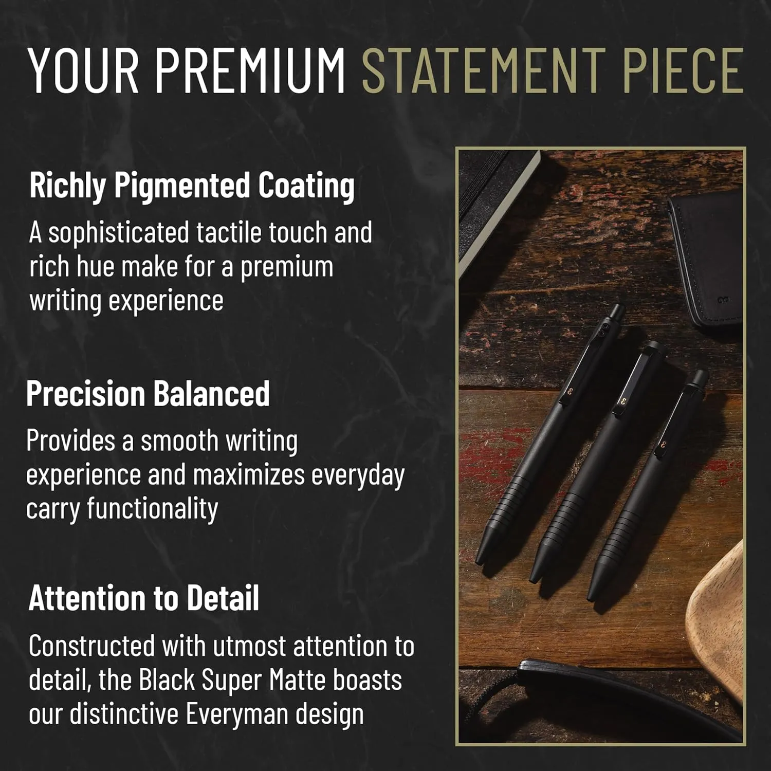Everyman Black Super Matte Grafton Pen, Pocket-Size Writing Utensil, Luxury EDC Premium and Bold Point Ballpoint Pens, Office Supplies, Fine Point, Smooth Writing Pen with Grooved Grip