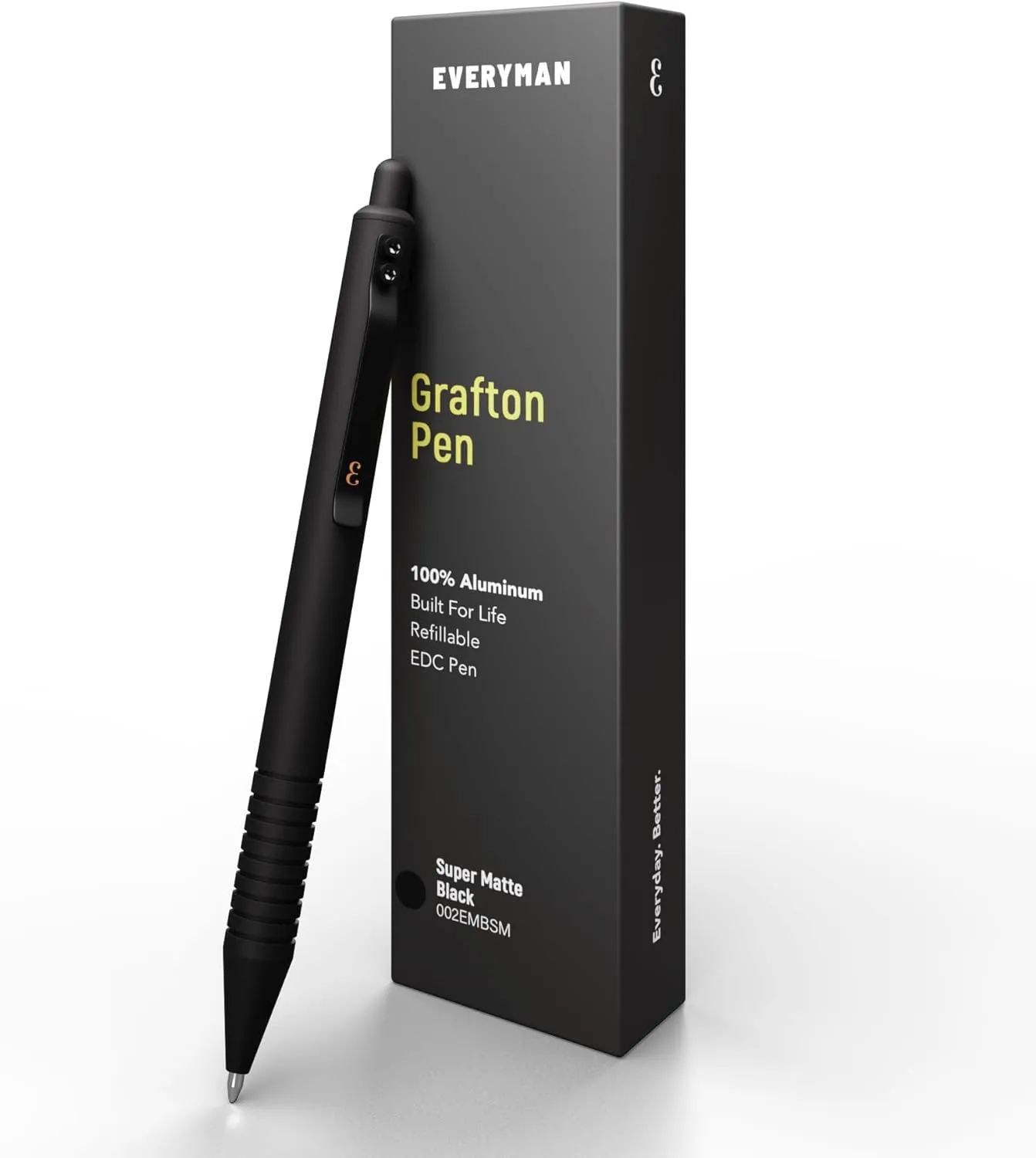 Everyman Black Super Matte Grafton Pen, Pocket-Size Writing Utensil, Luxury EDC Premium and Bold Point Ballpoint Pens, Office Supplies, Fine Point, Smooth Writing Pen with Grooved Grip