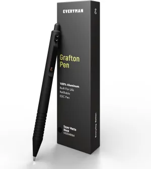Everyman Black Super Matte Grafton Pen, Pocket-Size Writing Utensil, Luxury EDC Premium and Bold Point Ballpoint Pens, Office Supplies, Fine Point, Smooth Writing Pen with Grooved Grip