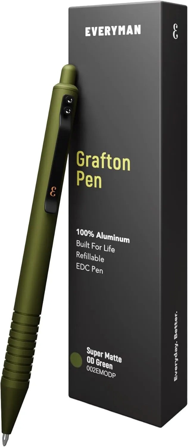Everyman OD Green Super Matte Grafton Pen, Aluminum Pocket-Size Writing Utensil, Luxury EDC Premium and Bold Point Ballpoint Pens, Office Supplies, Fine Point, Smooth Writing Pen with Grooved Grip