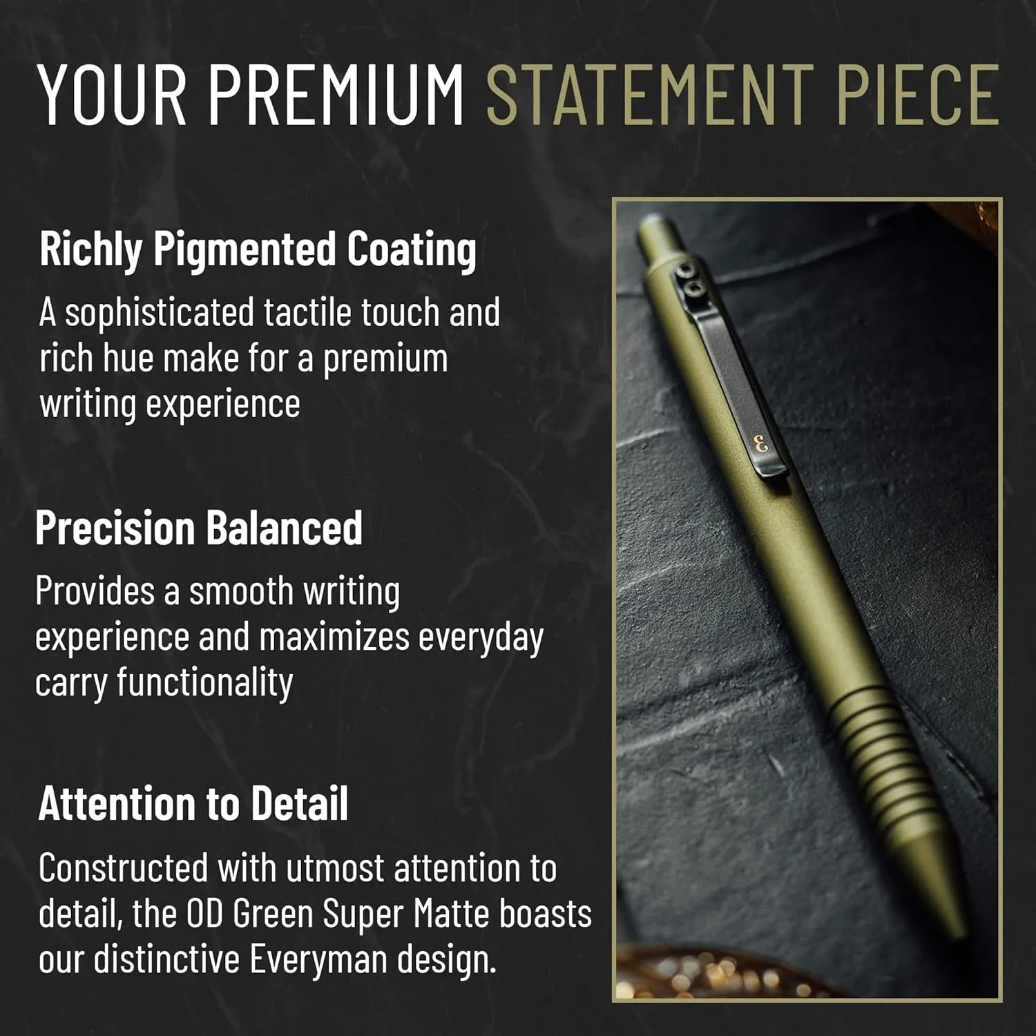 Everyman OD Green Super Matte Grafton Pen, Aluminum Pocket-Size Writing Utensil, Luxury EDC Premium and Bold Point Ballpoint Pens, Office Supplies, Fine Point, Smooth Writing Pen with Grooved Grip