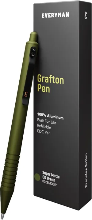 Everyman OD Green Super Matte Grafton Pen, Aluminum Pocket-Size Writing Utensil, Luxury EDC Premium and Bold Point Ballpoint Pens, Office Supplies, Fine Point, Smooth Writing Pen with Grooved Grip