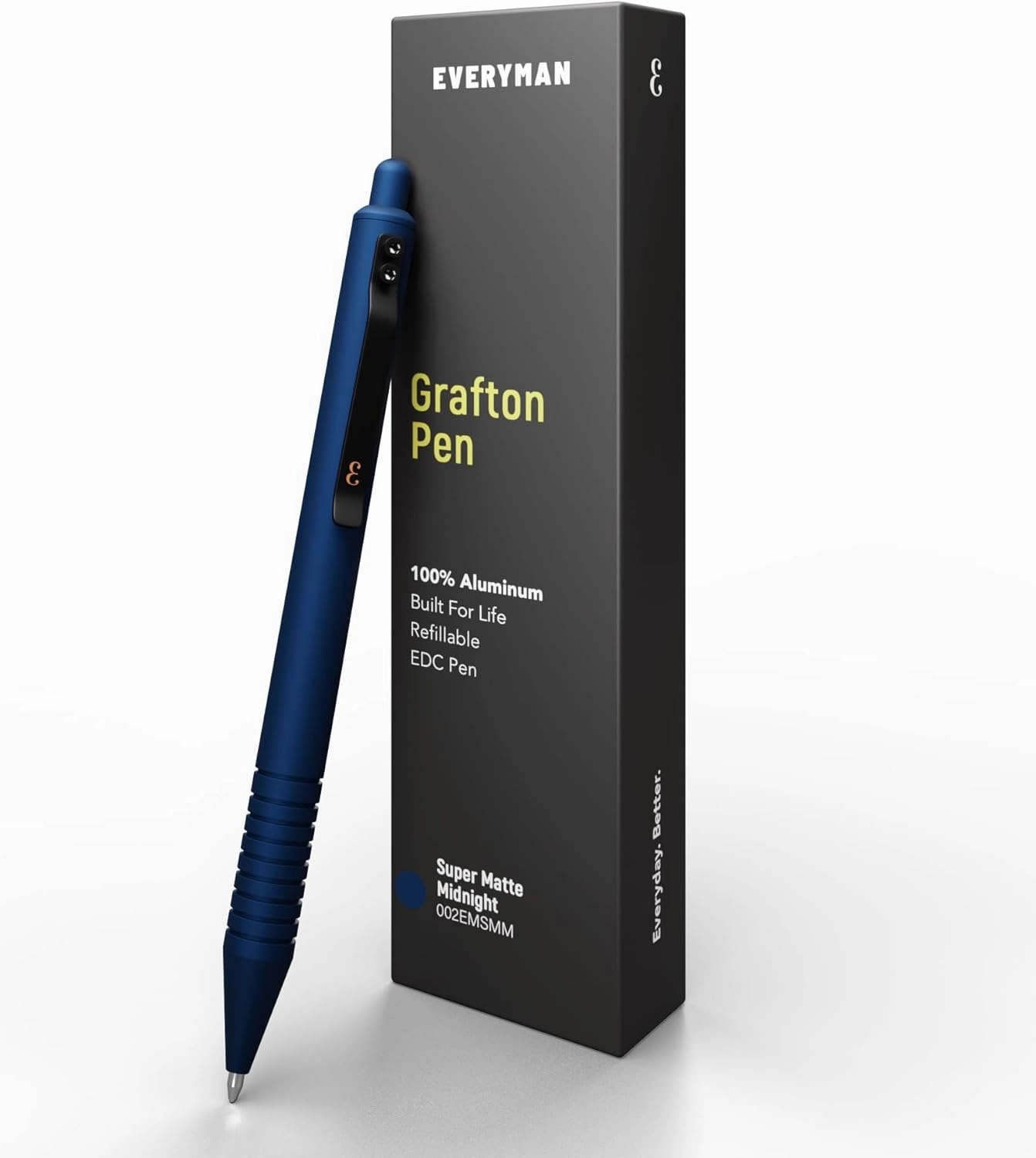 Everyman Midnight Super Matte Grafton Pen, Pocket-Size Writing Utensil, Luxury EDC Premium and Bold Point Ballpoint Pens, Office Supplies, Fine Point, Smooth Writing Pen with Grooved Grip