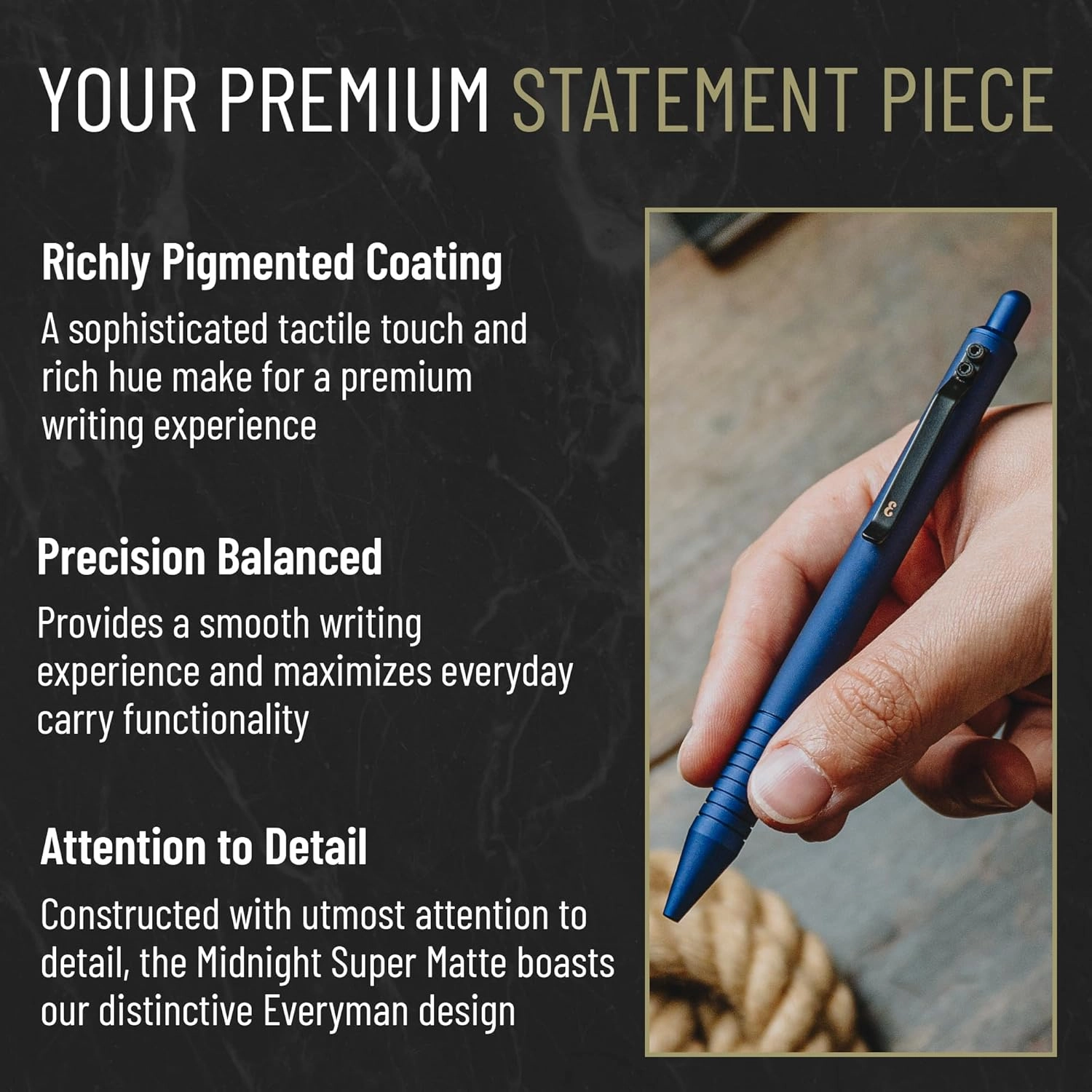 Everyman Midnight Super Matte Grafton Pen, Pocket-Size Writing Utensil, Luxury EDC Premium and Bold Point Ballpoint Pens, Office Supplies, Fine Point, Smooth Writing Pen with Grooved Grip