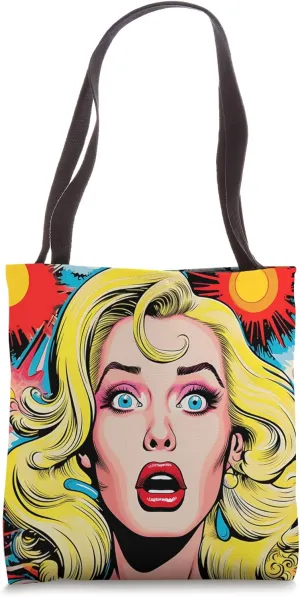 Explosive Surprise: Vibrant Pop Art with a Blonde Bombshell Tote Bag