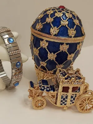 Faberge Egg style Masterpiece Home Decoration for living room Gift for Newhome owner Russian Faberge egg Ornament for parents 24k GOLD Austrian Silver Bracelet Blue Handset 10ct Gem crystal 4.75ct
