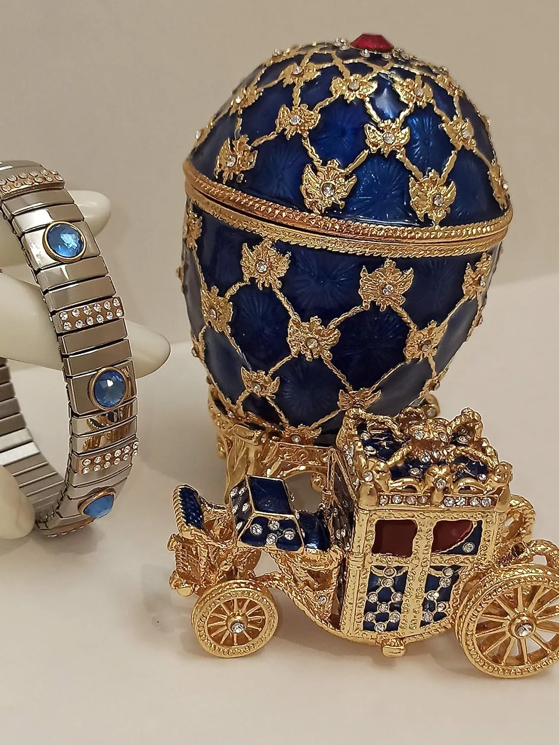 Faberge Egg style Masterpiece Home Decoration for living room Gift for Newhome owner Russian Faberge egg Ornament for parents 24k GOLD Austrian Silver Bracelet Blue Handset 10ct Gem crystal 4.75ct