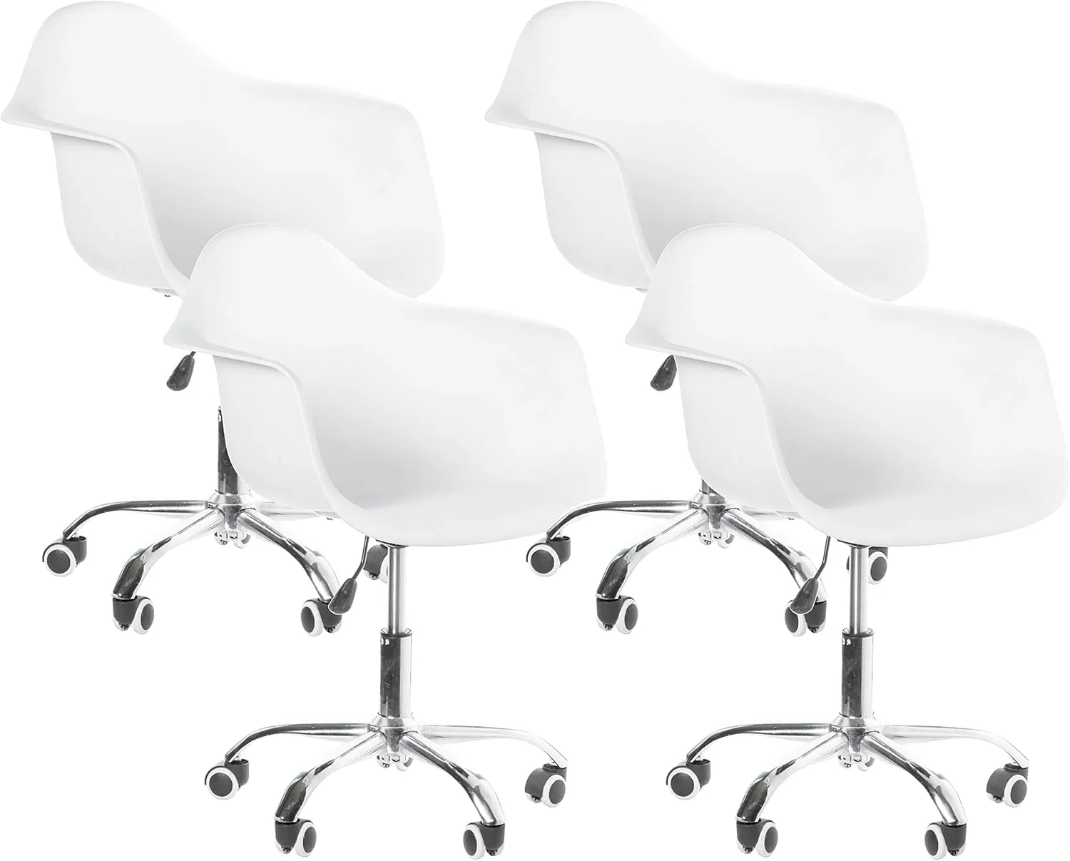 Fabulaxe Bold Tones Mid-Century Modern Style Swivel Plastic Shell Molded Office Task Chair with Rolling Wheels, White, Set of 4