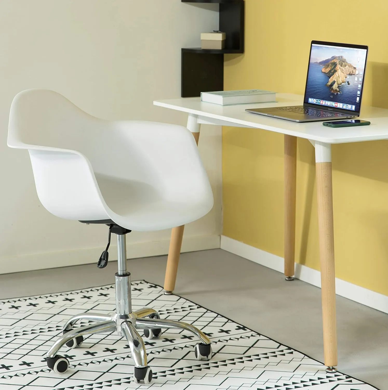 Fabulaxe Bold Tones Mid-Century Modern Style Swivel Plastic Shell Molded Office Task Chair with Rolling Wheels, White, Set of 4