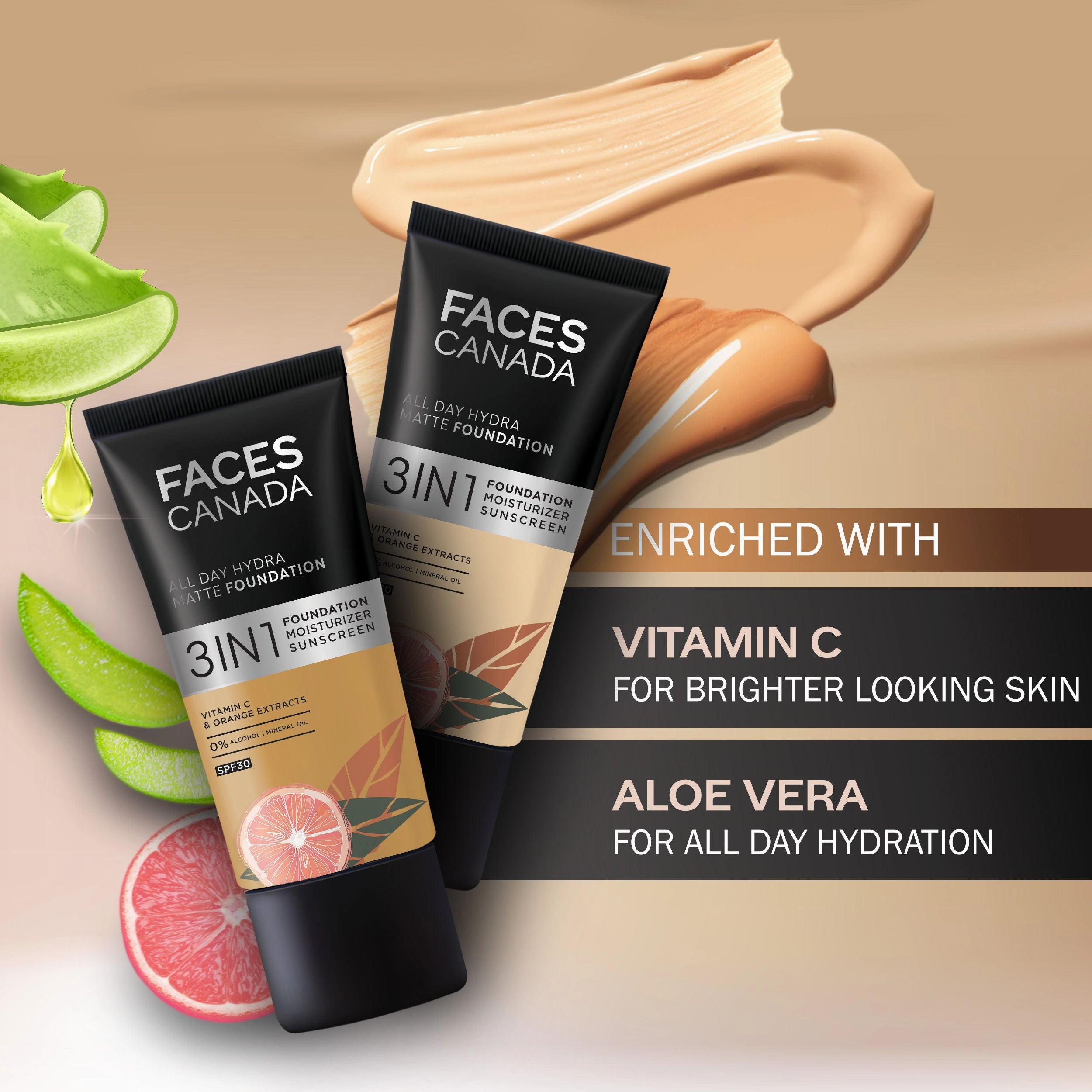 Faces Canada All Day Hydra Matte Foundation I 3 in 1 Matte Foundation  Moisturizer SPF 30I 24 HR Aloe Hydration & Vitamin C I Absolute Ivory 012 25 ml