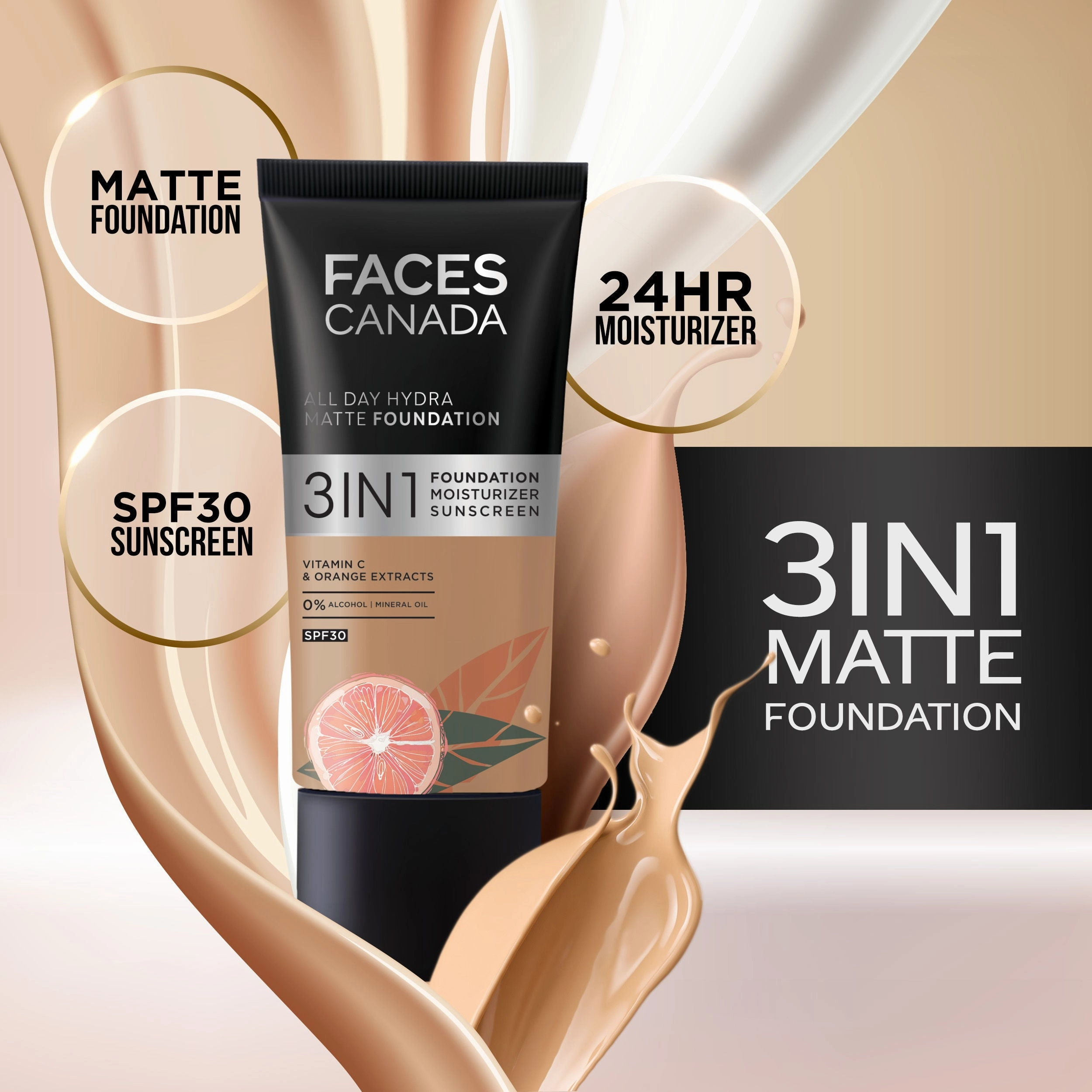 Faces Canada All Day Hydra Matte Foundation I 3 in 1 Matte Foundation  Moisturizer SPF 30I 24 HR Aloe Hydration & Vitamin C I Absolute Ivory 012 25 ml