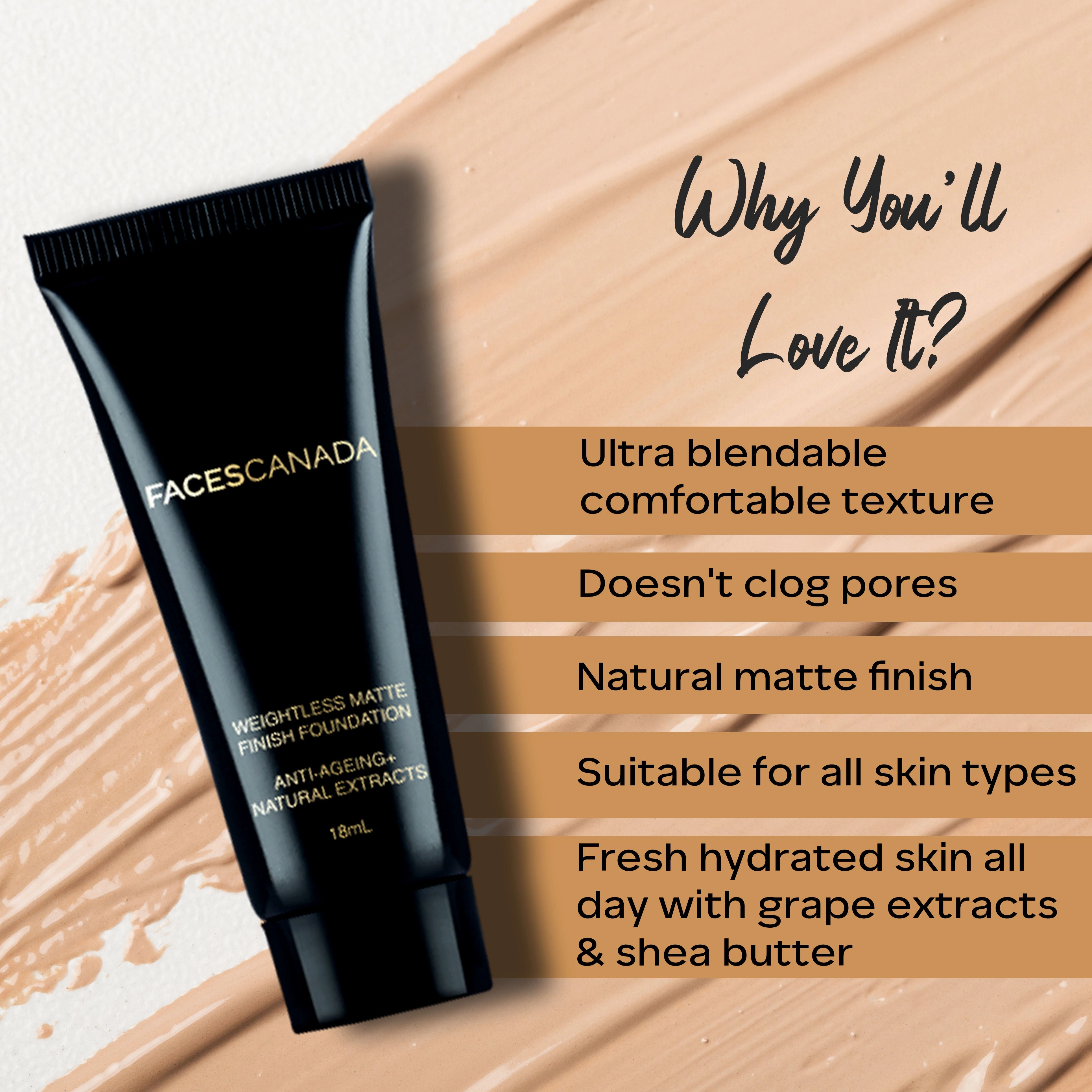 Faces Canada Weightless Matte Foundation | Grape extracts & Shea Butter|Natural Matte Finish | Dermatologically Tested | All Skin Types | Natural 18ml