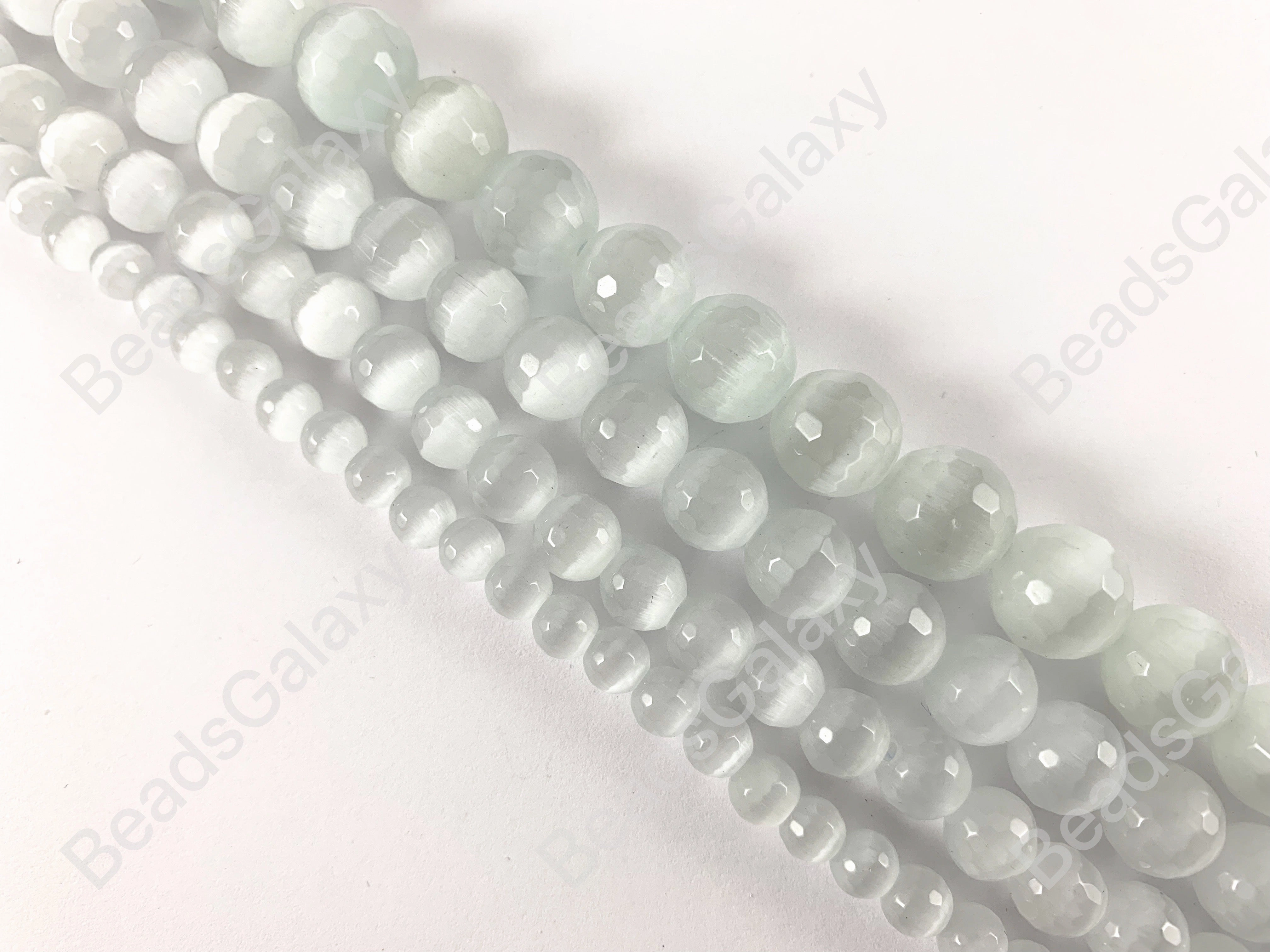 Faceted Round Cat's Eye Dyed White Beads Around 15"