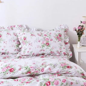 FADFAY Shabby Pink Rose Floral Print Pillowcases Elegant Country Style Vintage Lace Ruffles Bedding Pillow Covers Standared Size 19" x 29"
