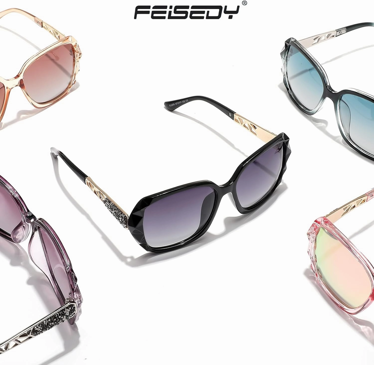 FEISEDY Polarized Women Square Sunglasses Sparkling Composite Shiny Frame B2289