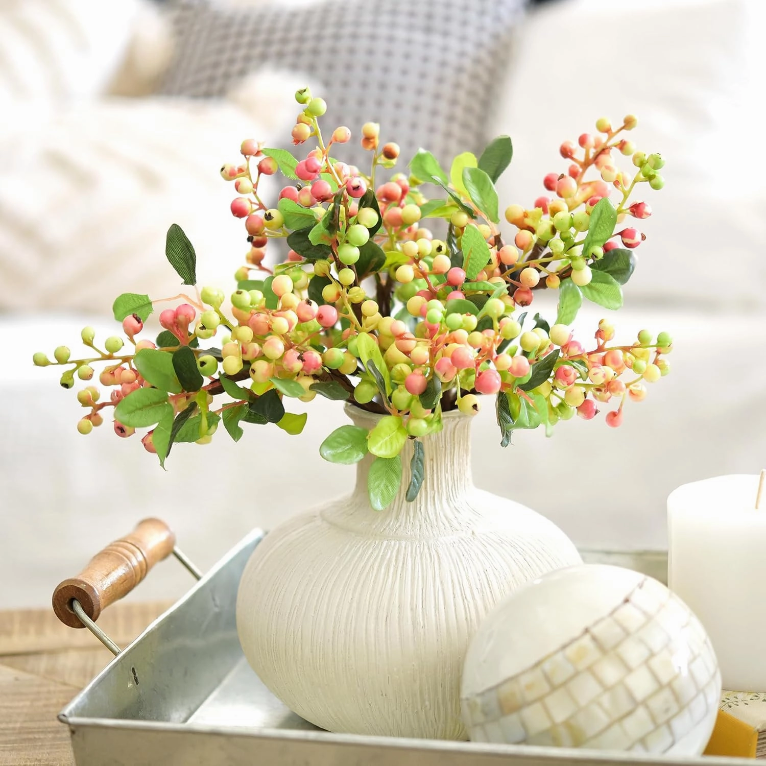FiveSeasonStuff Artificial Fruit Holly Berries Decoration with Soft Bendable Stems for Vases, Bouquets and Floral Arrangements 10 Stem Twigs (Subtle Pink)
