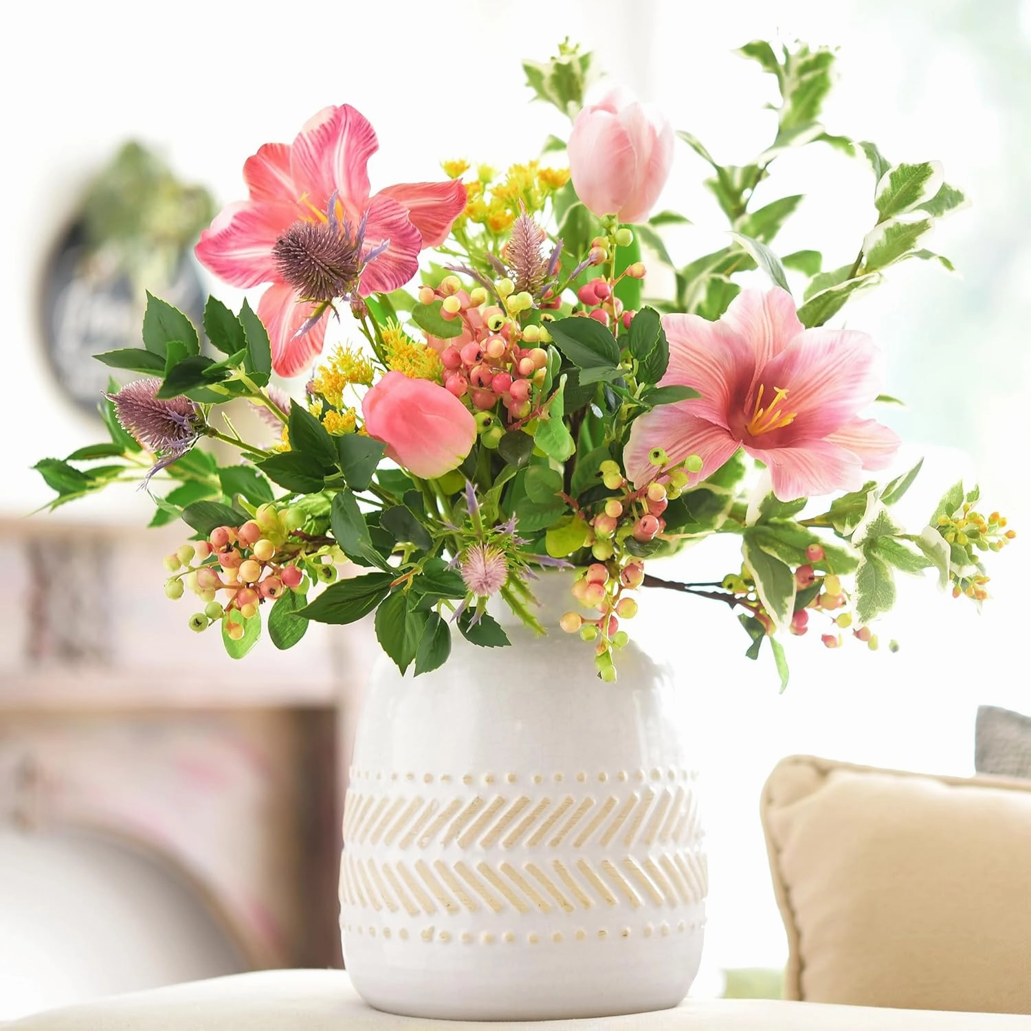 FiveSeasonStuff Artificial Fruit Holly Berries Decoration with Soft Bendable Stems for Vases, Bouquets and Floral Arrangements 10 Stem Twigs (Subtle Pink)