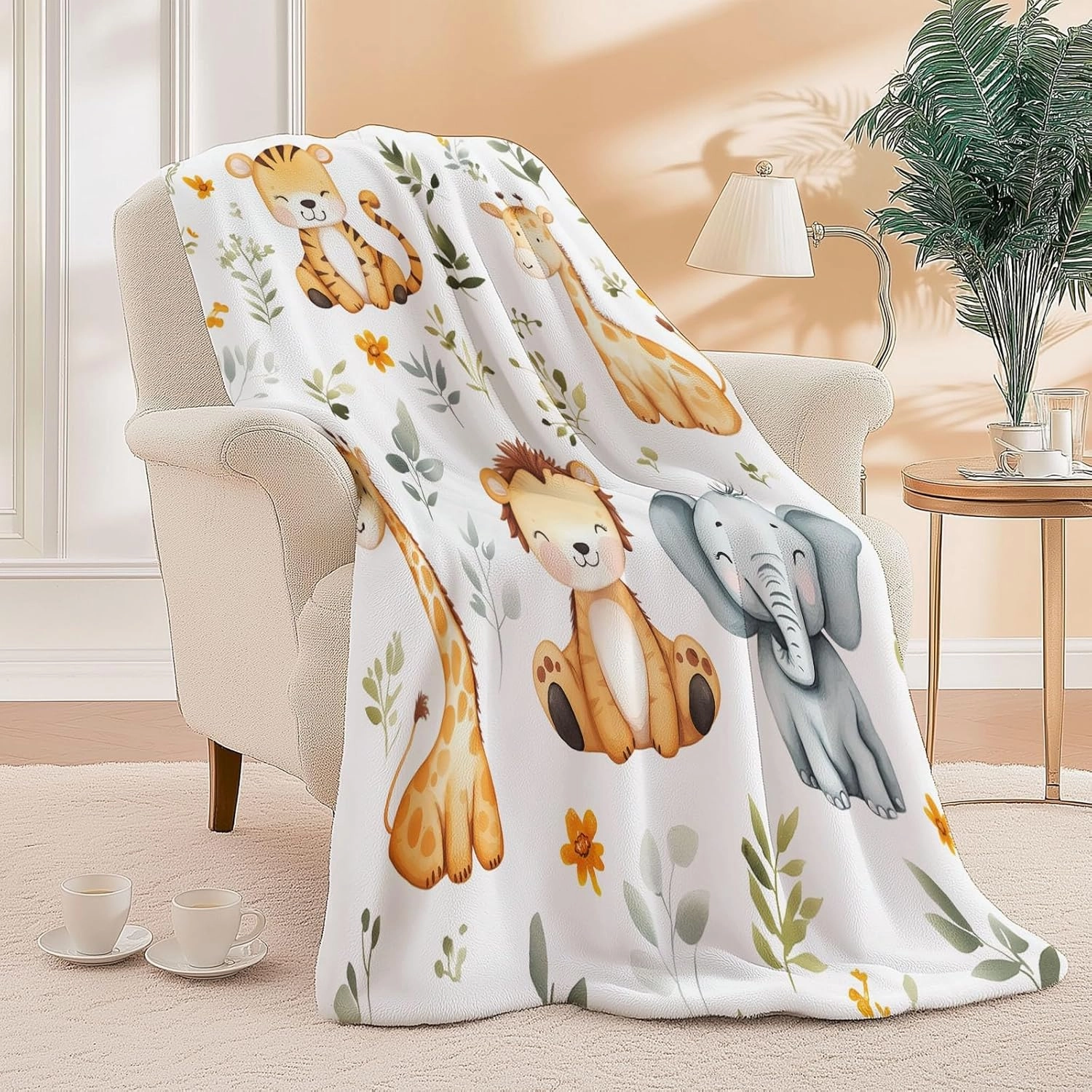 Flannel Color Print 108" x 90" Lightweight Fluffy Plush Fuzzy Bed Blanket for Bedding Sofa and Travel, Watercolor Jungle Animal Elephant Theme All Seasons Fleece Bed Blanket