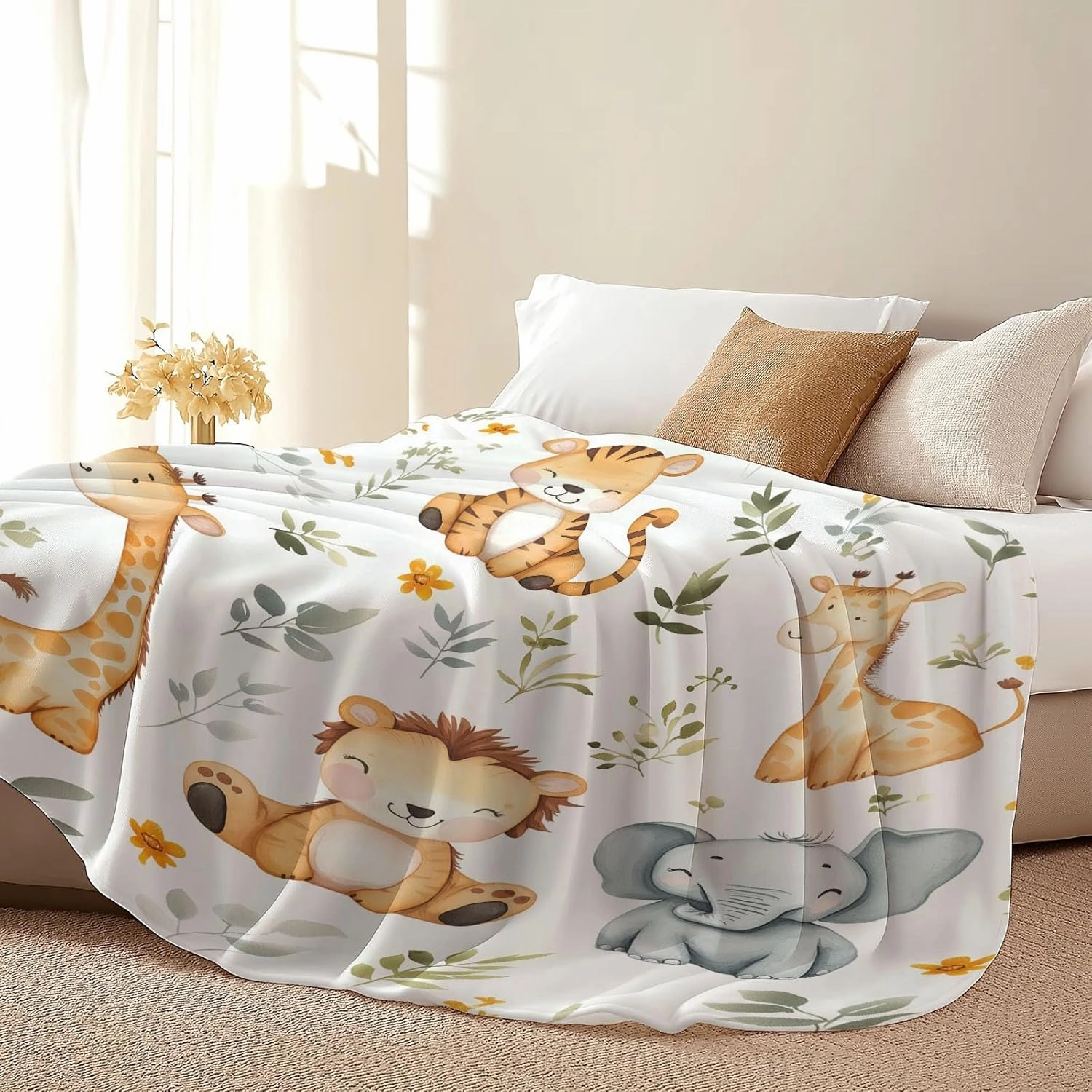 Flannel Color Print 108" x 90" Lightweight Fluffy Plush Fuzzy Bed Blanket for Bedding Sofa and Travel, Watercolor Jungle Animal Elephant Theme All Seasons Fleece Bed Blanket