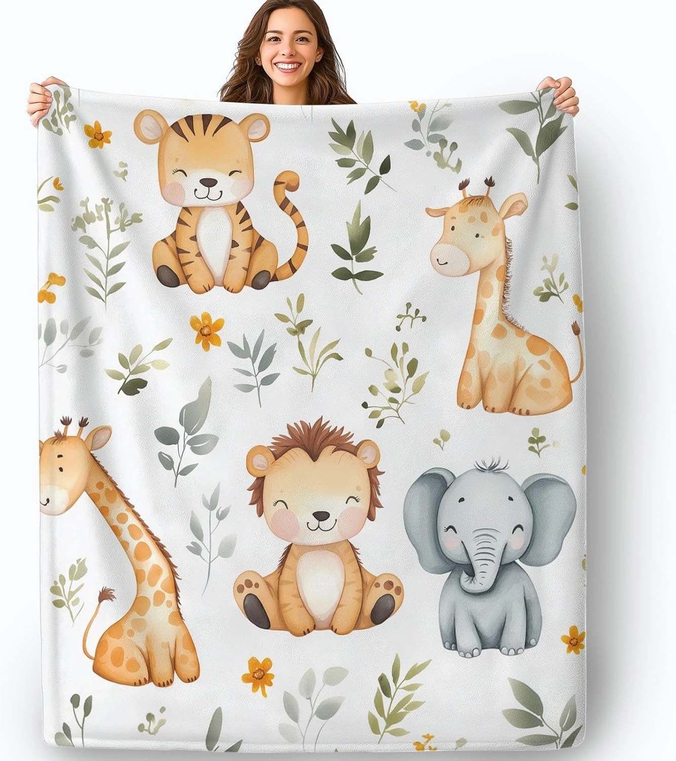 Flannel Color Print 108" x 90" Lightweight Fluffy Plush Fuzzy Bed Blanket for Bedding Sofa and Travel, Watercolor Jungle Animal Elephant Theme All Seasons Fleece Bed Blanket