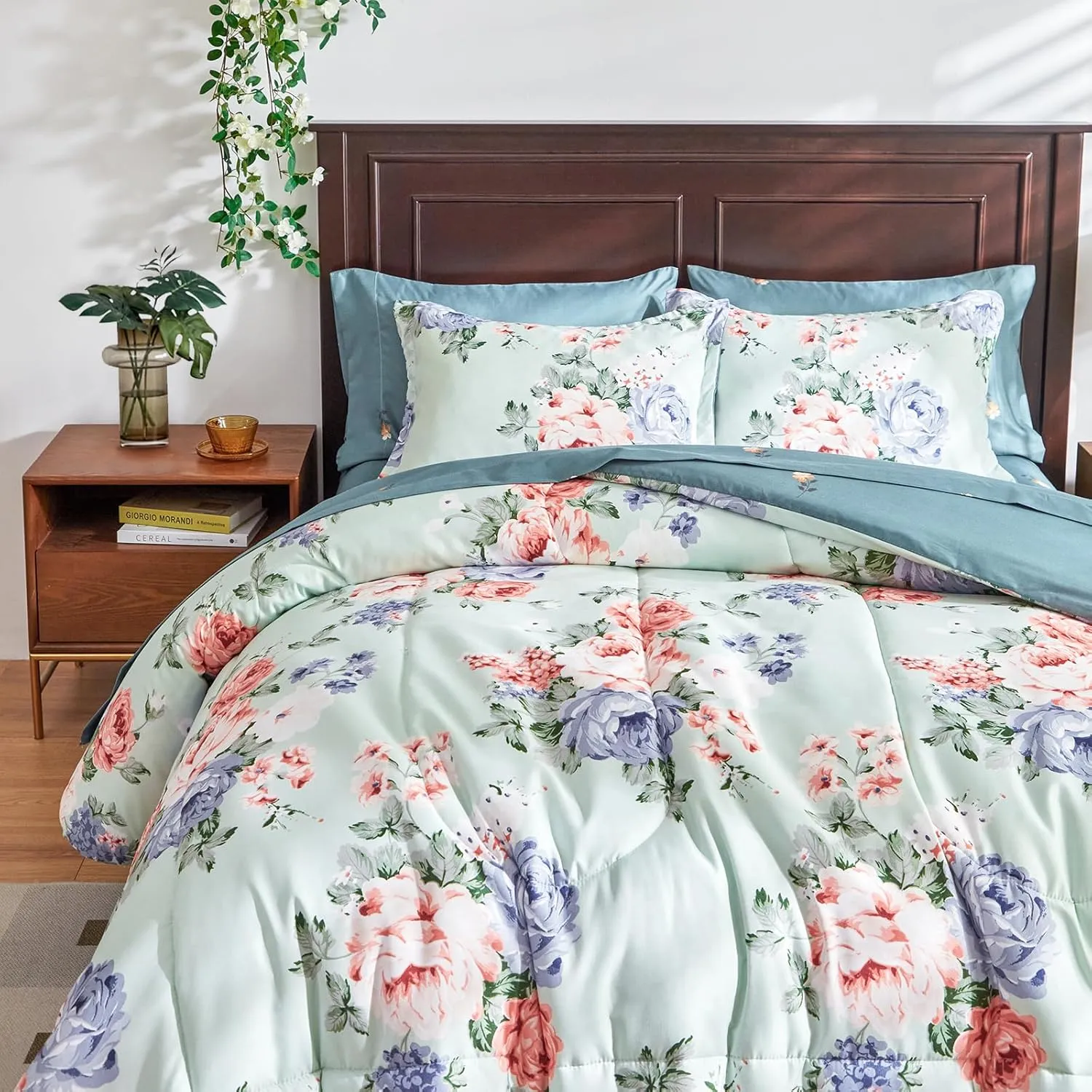 Floral Comforter Set 7 Pieces Blue with Pink Red Flowers Bed in a Bag Queen Size Reversible Bedding Set (1 Comforter 2 Pillow Shams 1 Flat Sheet 1 Fitted Sheet 2 Pillowcases)